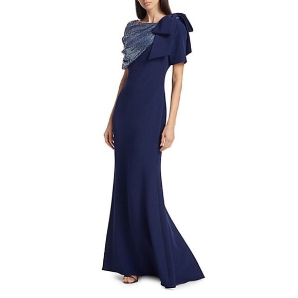 Badgley Mischka Women's Sequin Asymmetric Bow Mermaid Gown - Dark Sapphire - Picture 1 of 8